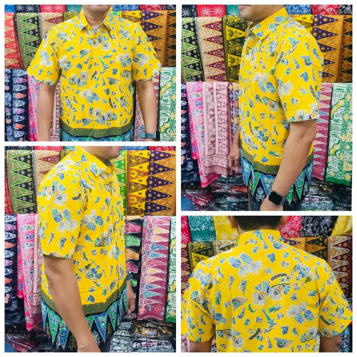 kemeja pendek batik betawi ondel kode keong mas - Kuning