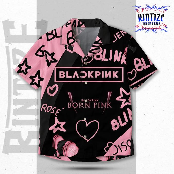 RINTIZE Kemeja Hawaii Unisex Blackpink Born Pink Album Idol K-Pop Pink Hitam Pria Wanita RT-202