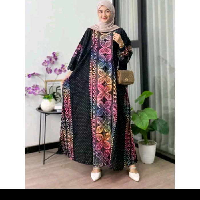 Billion Kaftan Nila Abstrak Warna Semi Cap Malaman Super Jumbo Maxy Dress Lengan Panjang Busui Frien