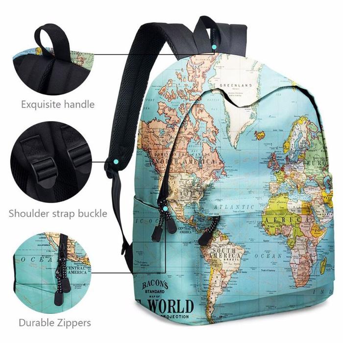 Kreatif Baru 2Pcs Peta Dunia Percetakan Sekolah Ransel Siswa Tas