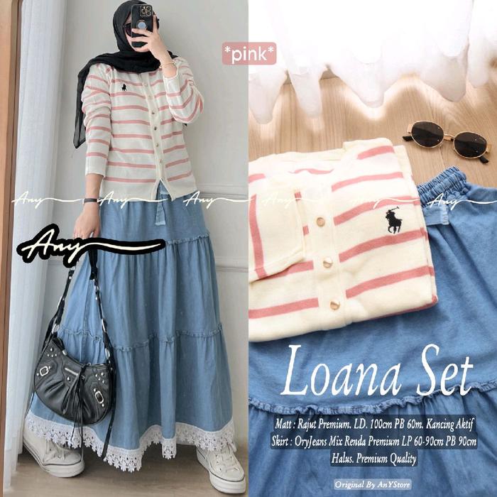 LOANA ONESET SETELAN WANITA ROK PANJANG BAHAN JEANS DAN ATASAN BAHAN RAJUT PREMIUM Original Tunik Ba