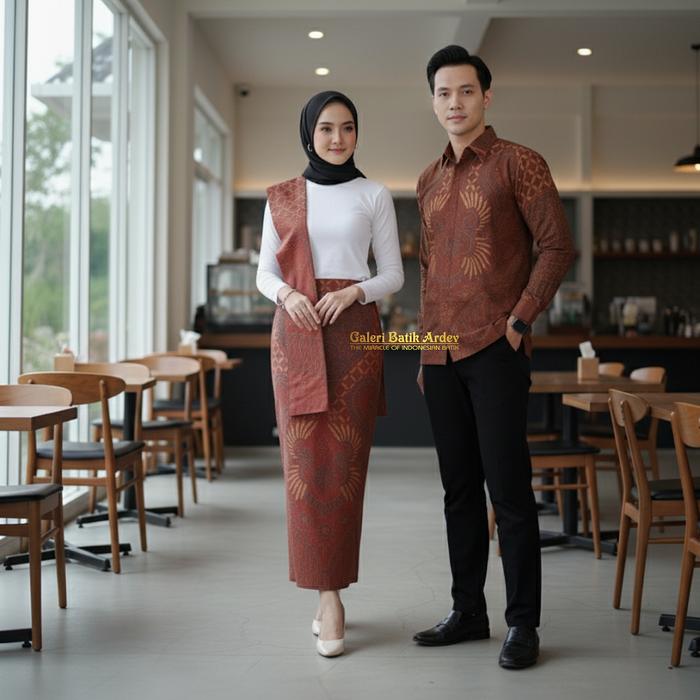 Galeri Batik Ardev - Couple Sarimbit Rok & Kemeja Slim Fit Warna Teracota Bahan Katun Motif Abhinaya