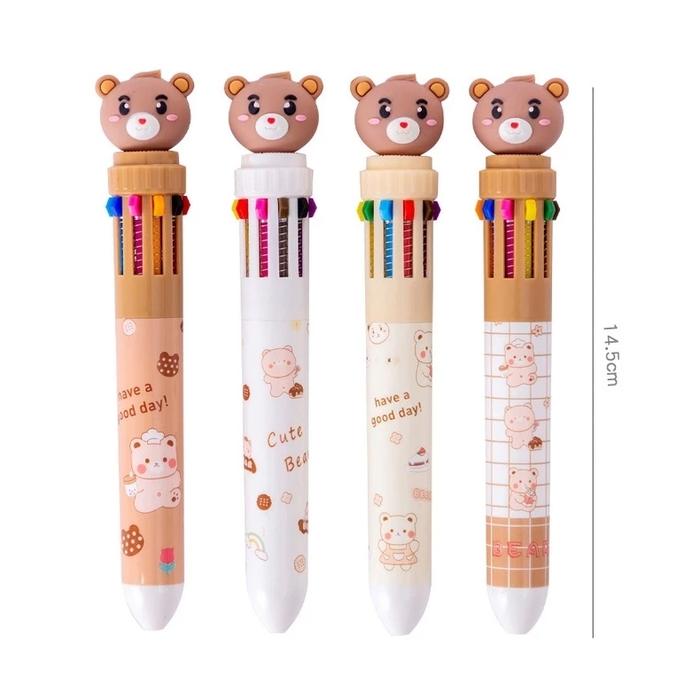 COD Pulpen 10 Warna Karakter Beruang Pena Warna Kartun Lucu 10 in 1 Ballpoint Gel Pen Colorful Korea