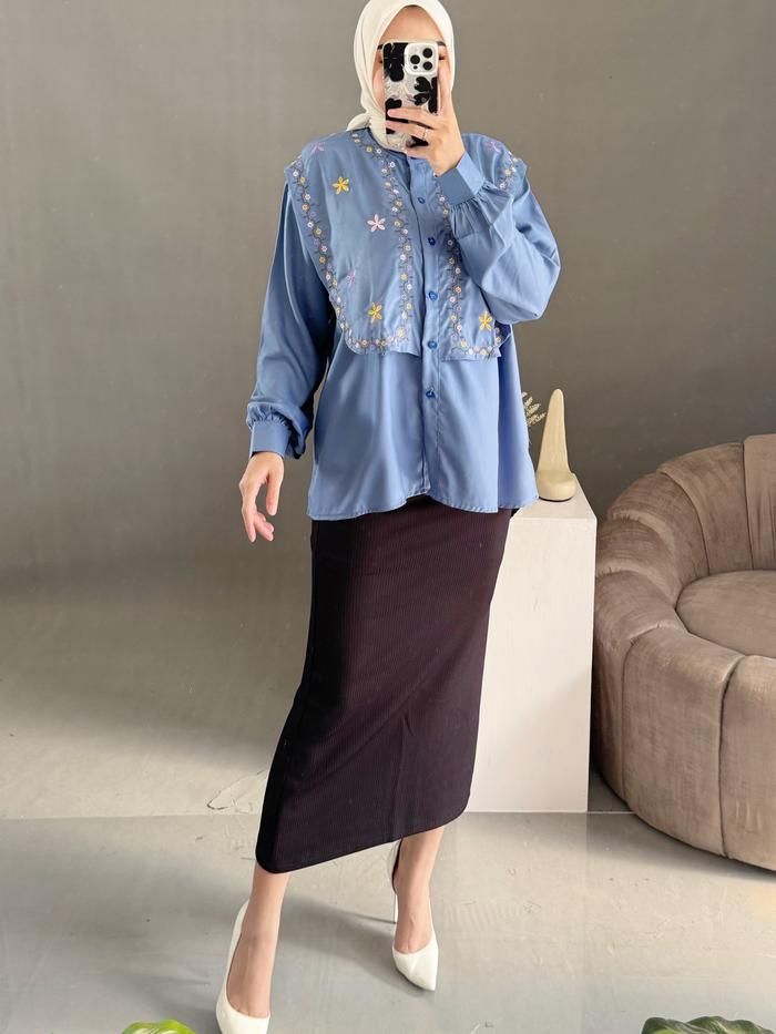 Atasan Shakila Bordir Atasan Wanita Terbaru Lengan Panjang Kemeja  Kancing Bahan Shakila elze blouse