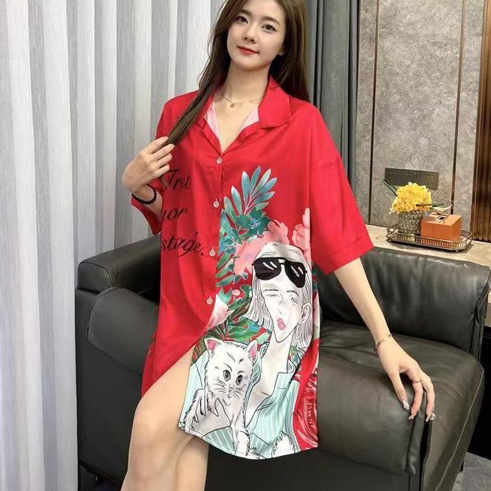 Gaun tidur anti keringat wanita piyama dress tidur longgar ukuran besar berwarna merah Sale Diskon