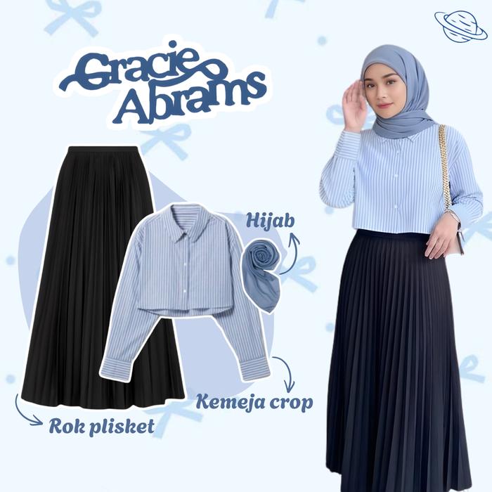 Outfit 3 in 1 Casual Formal Wanita | Kemeja Crop Salur Sky Blue + Rok Plisket Hitam Hyget Premium + 
