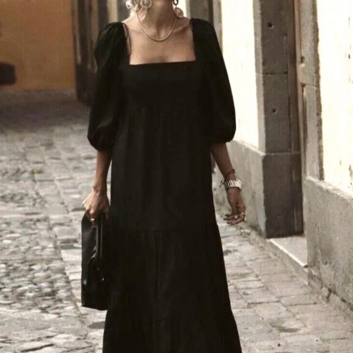 Zara Black Tiered 100% Cotton Square Neck Midi Puff Sleeve Poplin Maxi Flounce Off Shoulder Dress - 