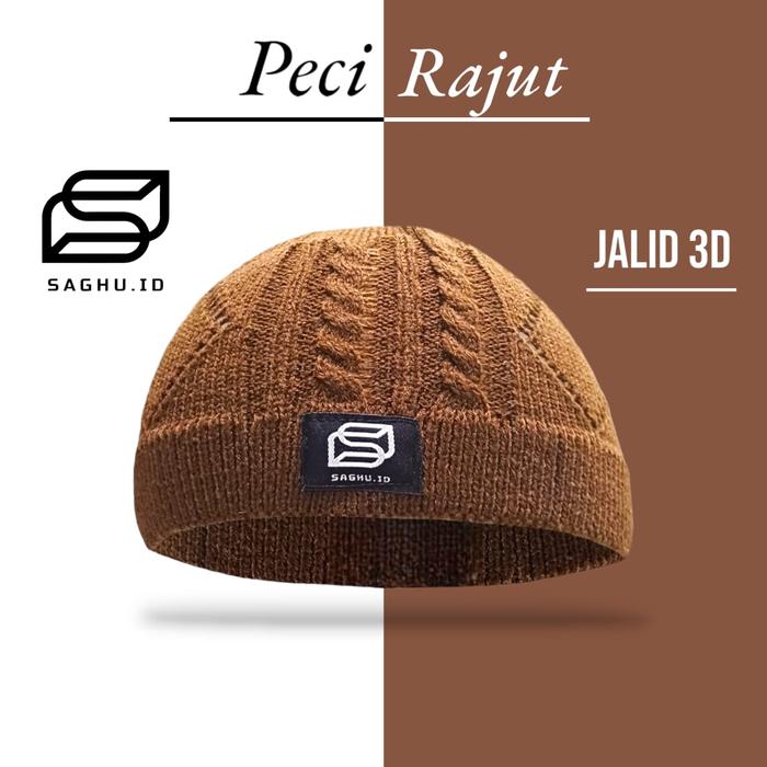Peci Jalid3D Rajut Handmade Tebal Beanie Pria dewasa saghu.id Muslim Kopiah Songkok Motif Hitam Katu