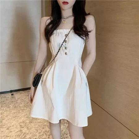 Midi Dress Dengan 1 Tali Depan Kancing Depan Mati Dua Saku Kanan Kiri Untuk Wanita Remaja Dewasa Dre