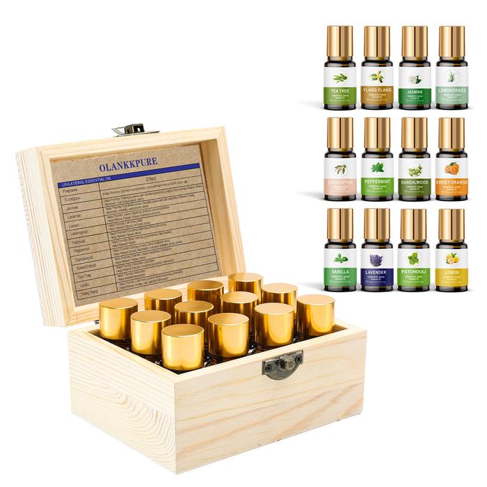 Set Hadiah Aromaterapi Premium 12 Botol Minyak Esensial Alami dalam Kotak Kayu Elegan - Minyak Atsir