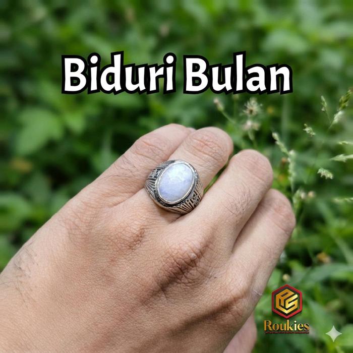 Cincin Batu Biduri Bulan Moonstone Klip Biru Srilanka Sedang