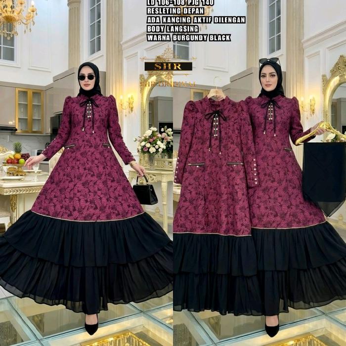 SHR Original Baju Muslim Wanita Elegan dengan Rok Hitam dan Desain Bunga Menarik