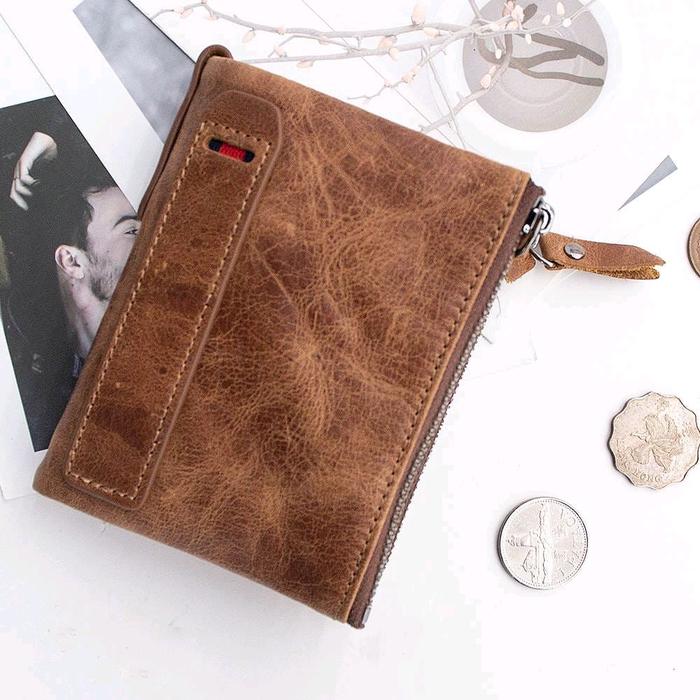 Kulit Sapi Asli RFID Dompet Pria Double Zipper Pendek Dompet Kartu Pemegang Koin Saku Vintage Kualit