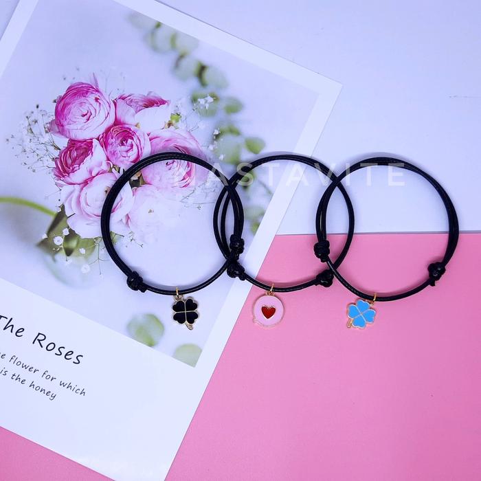 Gelang Couple Sahabat 3 Orang Bunga Love Simple Tali Korea Hitam Polos Murah