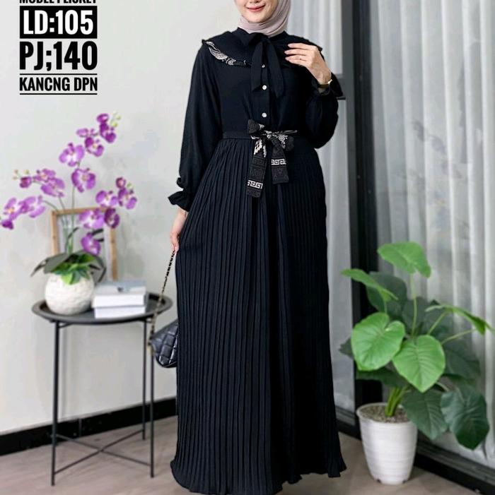 Gamis wanita termurah model plisket crincel import ori busui kancing depan