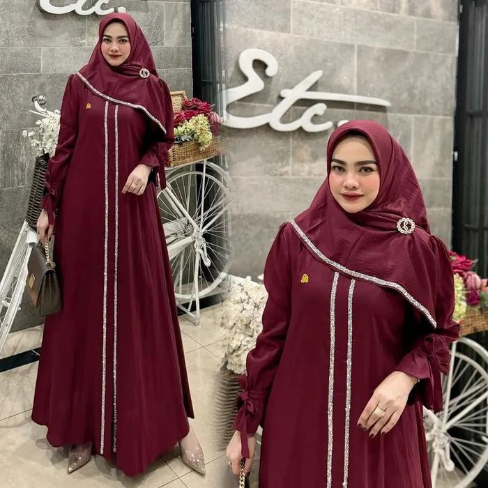 Gamis Wanita Model Abaya Luxury Jumbo Terbaru Aulia Dress Matt Polo Linen Baju Muslim Wanita Muslima