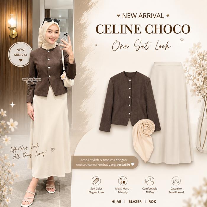 One Set 3in1 Celine Choco Brown Setelan Wanita Kekinian Blazer Aile Rok Joda Hijab Segiempat Outfit 