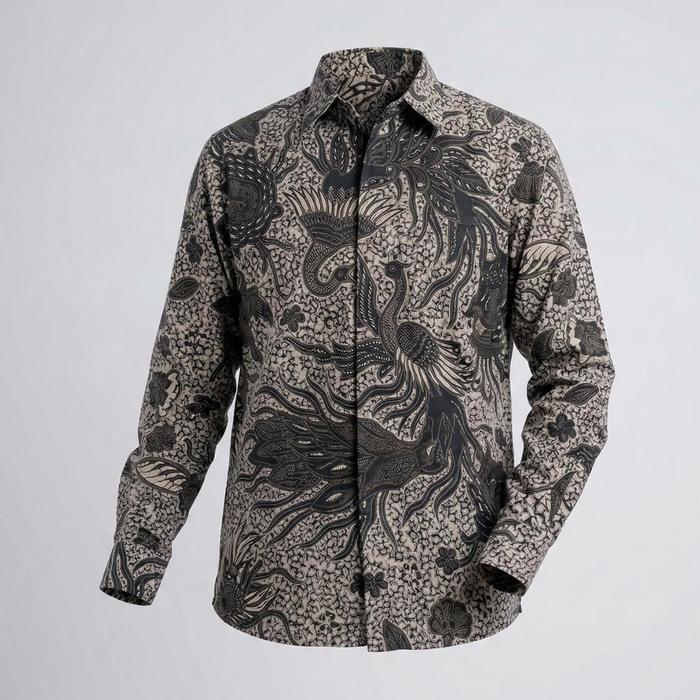 Kemeja Batik Pria 2026 Janaka - Elegan Mewah Berkelas Donojoyo - Motif Burung Merak Grey Mocca - Kat