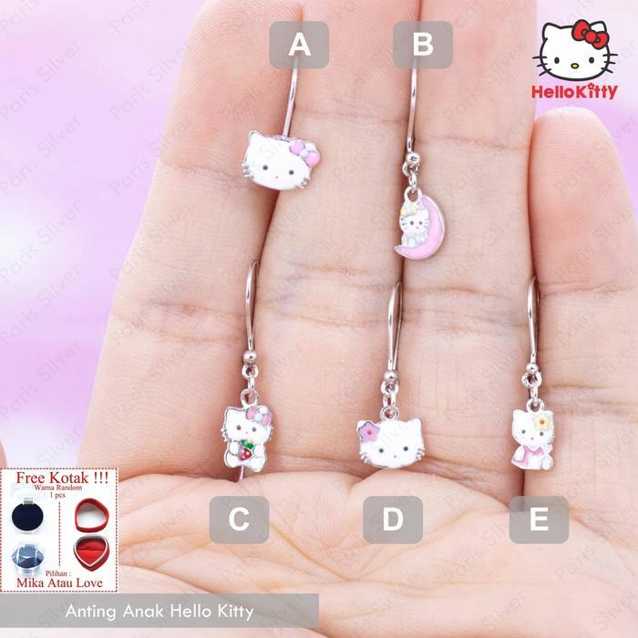 Anting Anak Hello Kitty Perak Asli Silver 925 Lapis Emas Putih Cewek Warna Bandul Kait
