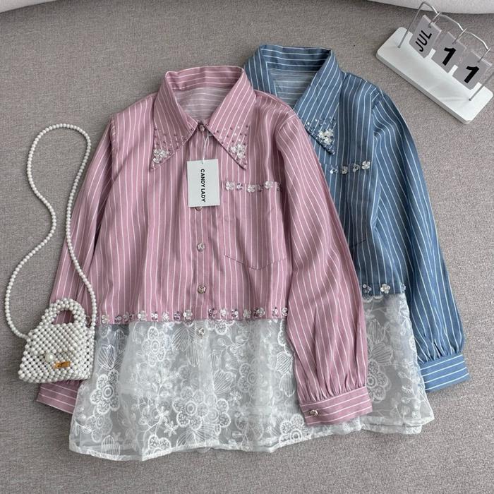 Candy Lady Diera Combine Stripe Jacket Jeans atasan denim wanita payet Baju Panjang Busui Oversize K