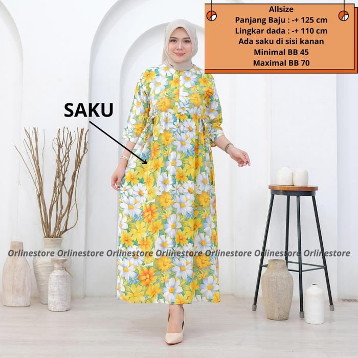 Istimewa Orlinestore Daster Miranda Midi Dress Wanita Muslim Kain Rayon Viscose Lengan 3/4 Resleting