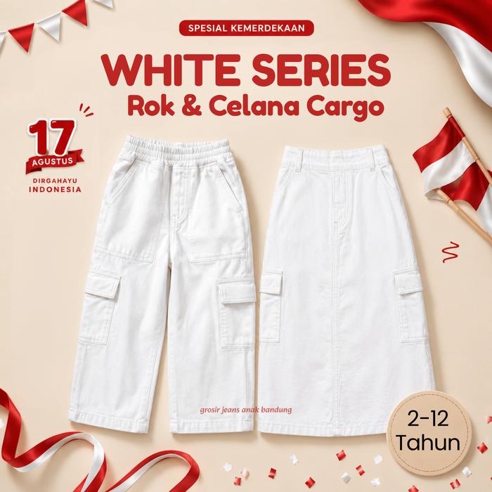 Bawahan Cargo Jeans Anak Putih Tulang 2-12 Tahun | Celana Kulot Kargo & Rok Kargo Anak Perempuan Edi