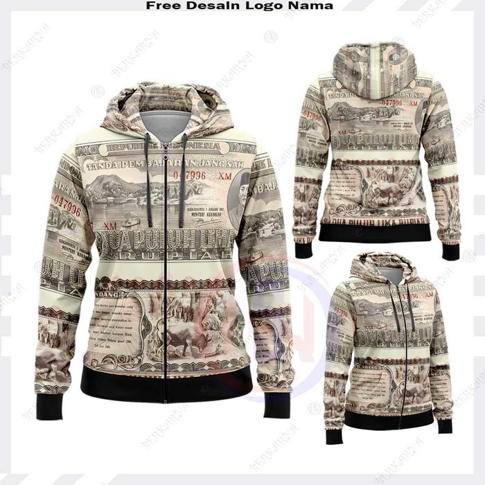 Jaket Hoodie Zipper Motif Uang 25 Rupiah Jadul Soekarno Custom Nama Logo Free Desain Full Print Unis
