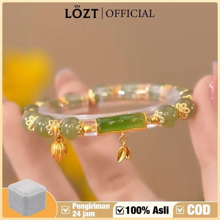 【100% Asli】LOZT Gelang Bambu Lapis Emas 24k Gelang Giok Wanita Asli China Gelang Giok Hijau Asli Gel