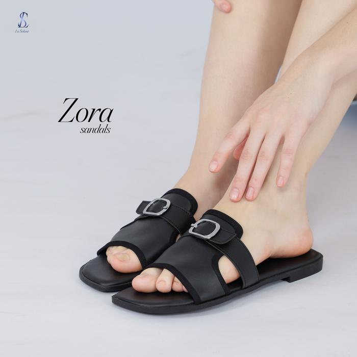LaSelene - Zora Sandal Wanita Flat Sandal Slop Teplek Gesper Anti Slip L1 | Black Leather