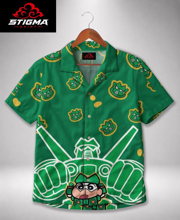 STIGMA Kemeja Motif Crayon Shinchan Kantam Robo Hawaiian Green Kemeja Premium Adem