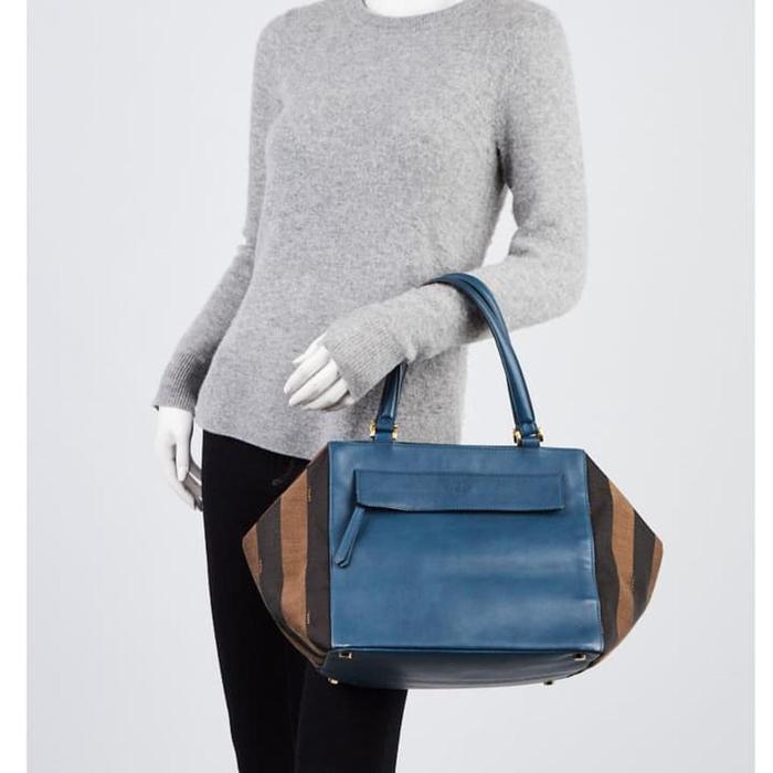 Tas Original Fendi Leather Suede Stripe Canvas Boston Satchel Resmi