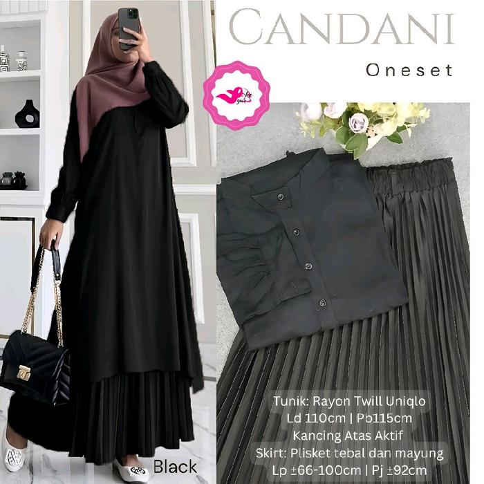 Candani One Set Hitam Setelan Tunik Skirt LD 110 Rayon Twill Uniqlo Mix Plisket Tebal Premium Realpi