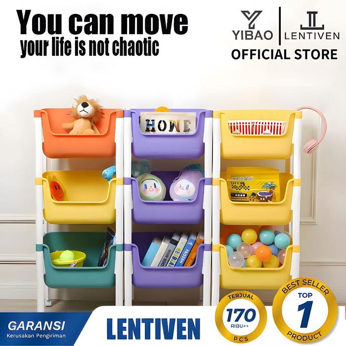 YIBAO LENTIVEN Rak Roda Susun Serbaguna Bahan Plastik Rak Penyimpanan Terbuka Rak Trolley Toy Storag