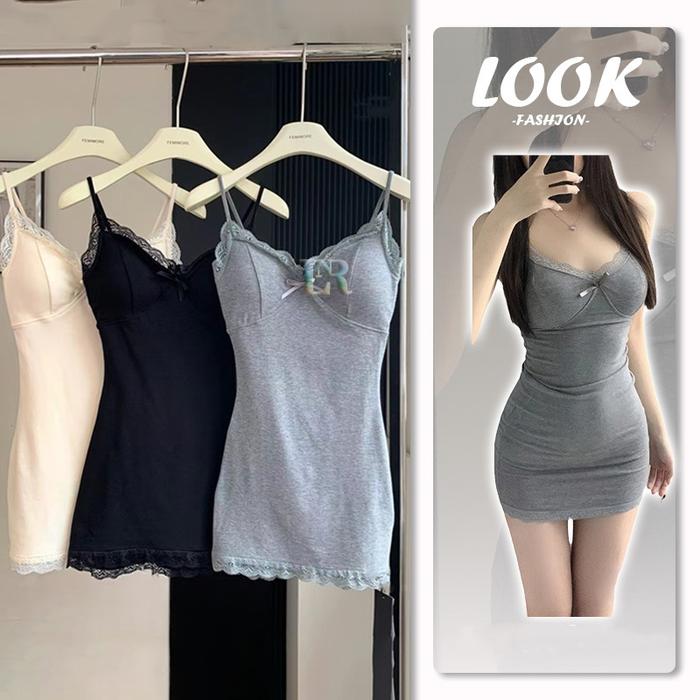 New LNR Shop Midi Dress Dewasa dengan Pad Bra Cup Busa Ditambah Renda dan Pita Import Piyama Daster