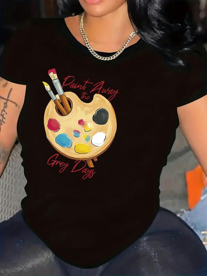 Camiseta Casual de Talla Grande para Mujer, Cuello Redondo, Manga Corta, Estampado Geometrico en Pal