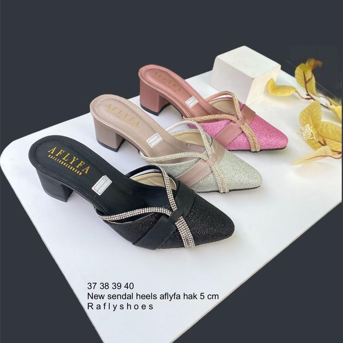 SANDAL HEELS WANITA AFLYFA BAHAN PASIR PREMIUM HAK 5 Cm alas no slip