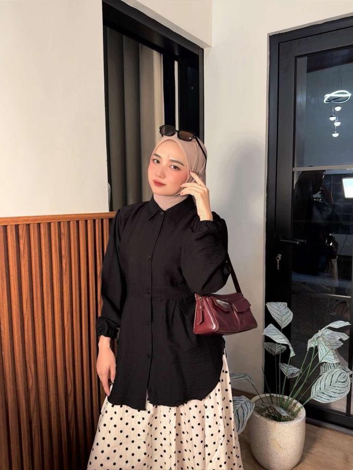 Zima Blouse Wanita Polo Linen Premium | Kemeja Tunik Lengan Panjang Karet Pinggang Belakang