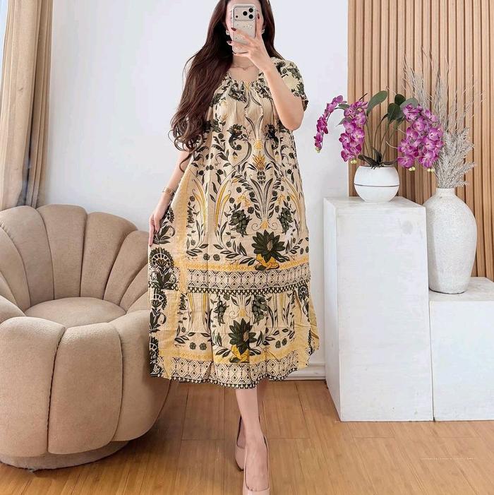 Dres Fuji Rempel Elmira Bunga Serut Jumbo Dress Wanita Elegan dengan Motif Bunga dan Renda