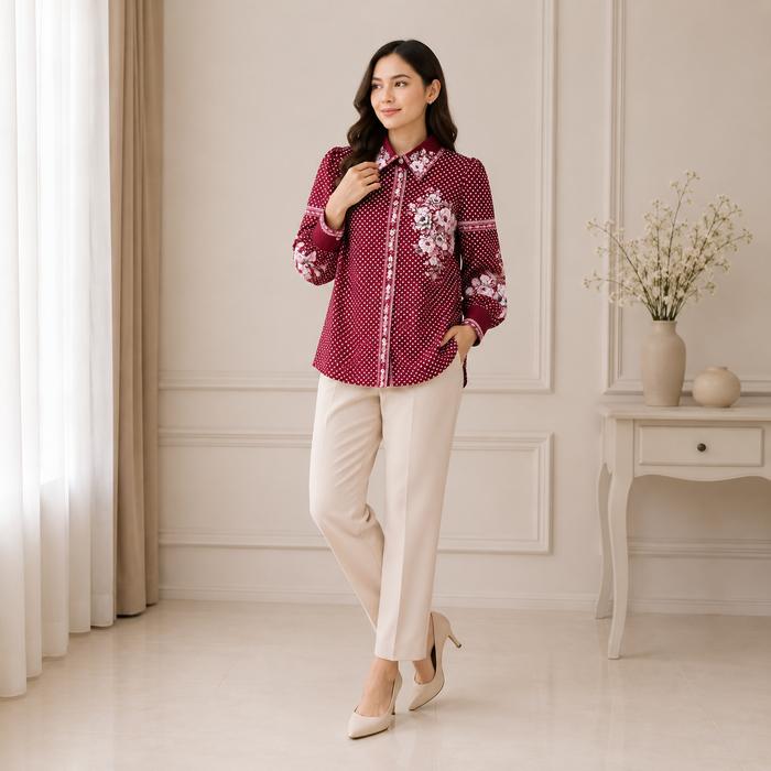 Netta Sunny Blouse Otara Maroon l Blouse Muslimah Merah Motif Bunga Dan Polkadot Dengan Kerah Dan Le