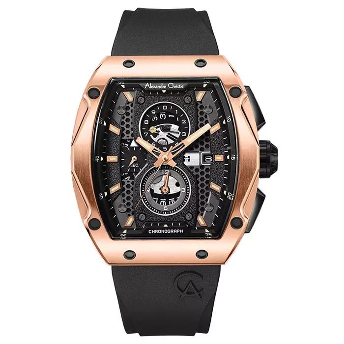 Jam Tangan Alexandre Christie AC 6608 MC Black Rosegold Rubber Strap
