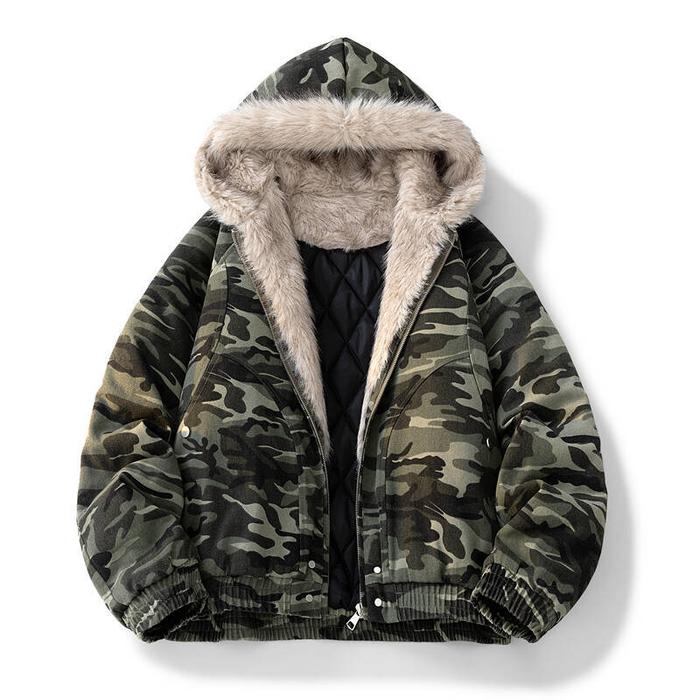 Men's Retro Camouflage Fleece-Lined Faux Fur Collar Jacket Autumn & Winter Loose Fit Sports Hooded P