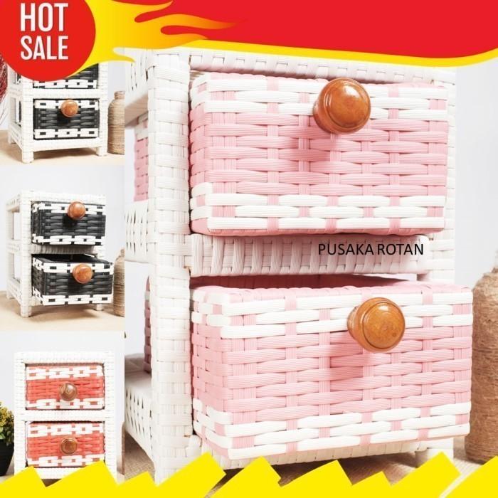 Lemari Rak 2 Laci Tempat Kosmetik Anyam Rotan Sintetis Sliding