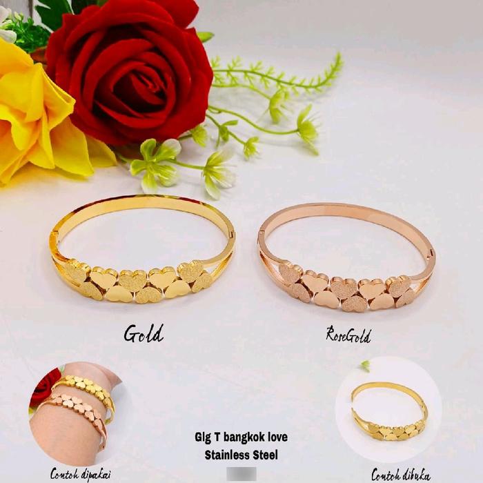 GELANG T BANGKOK MOTIF LOVE TITANIUM PERHIASAN LAPIS EMAS 24K ASLI ORI CANTIK DAN ELEGAN ANTI LUNTUR