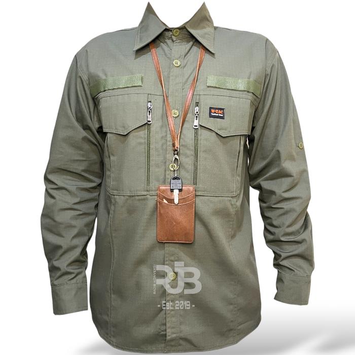Kemeja Tactical W TAC Tangan Panjang Cowok Baju Kerja Kantor Pria Casual Formal Katun Army Hitam Cok