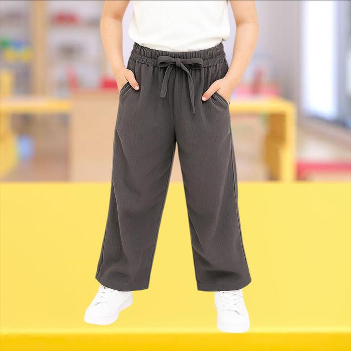 Celana Anak Wanita Kulot Crinkle Panjang Polos Saku Pinggang Cewek Fashion Tali Pinggang Usia 8-12 T