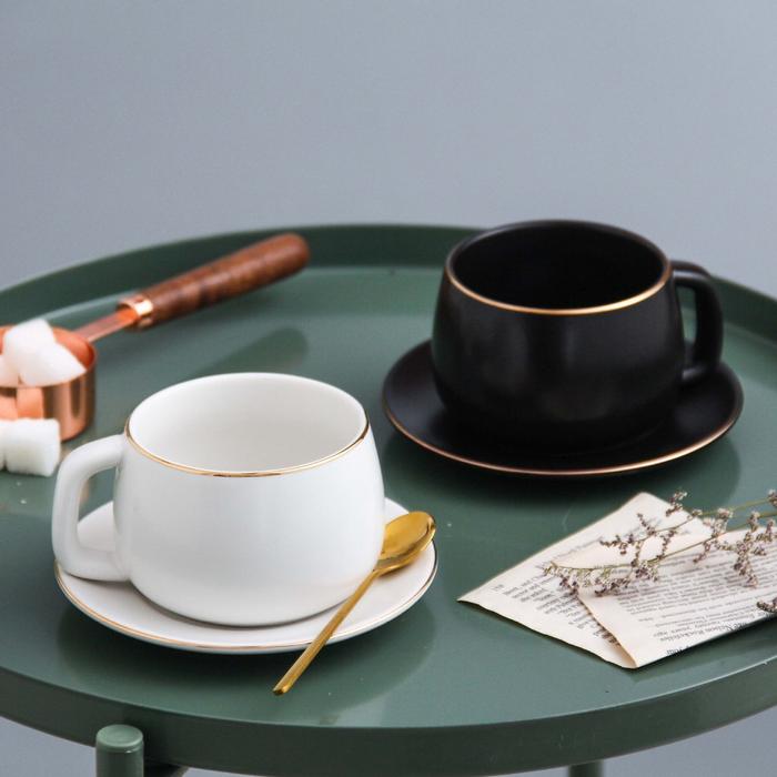 British Matte Gold List Cup With Saucer / Gelas Cangkir Mug Minum Teh Kopi Keramik Unik Estetik Hita
