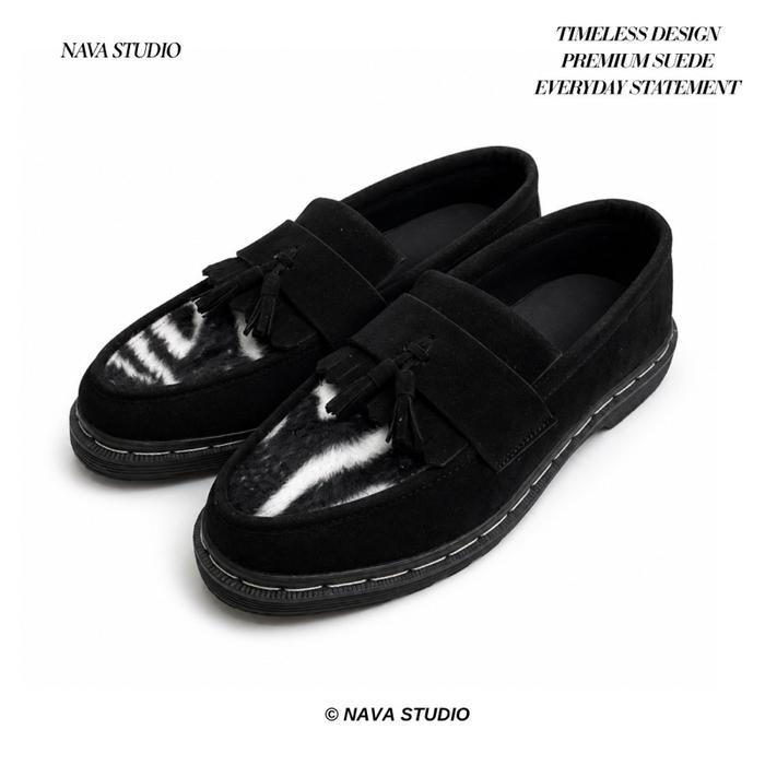 Navastudio - Sepatu Loafers Motif Hitam Putih | Sepatu Loafers Suede | Sepatu Loafers Suede Zebra | 