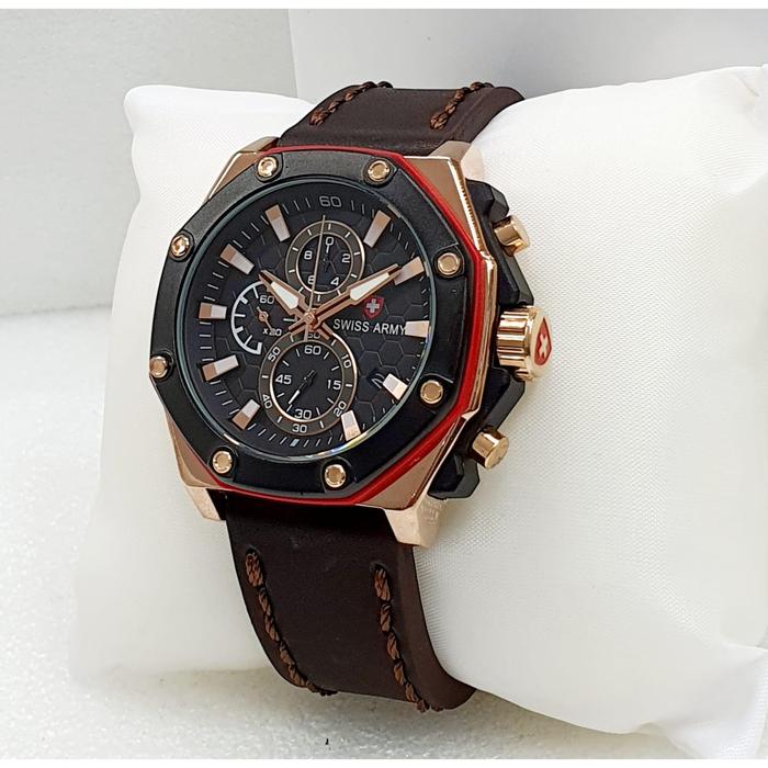 Jam tangan Pria Swiss Army Tali kulit asli SA-8685-100% Bonus Baterai Cadangan - Bergaransi - Mesin 