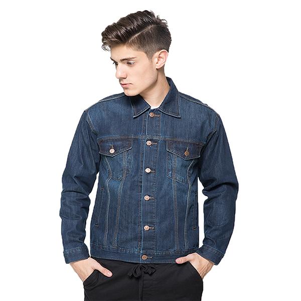 Jaket Denim Pria Kerah Basic Casual Fit  Biru Spray 191804 Putih Kancing