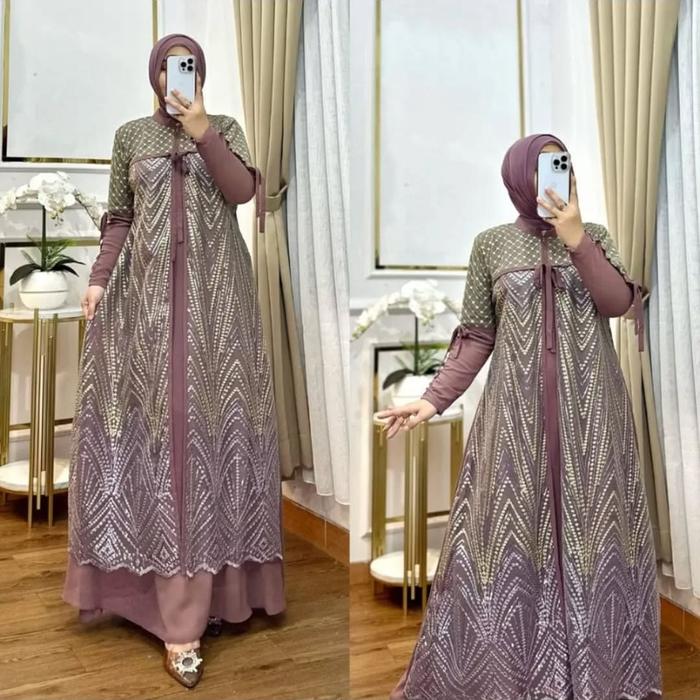 Simple Gamis  Relians  Bahan ceruty BabyDoll MIx Brokat  Dress Kondangan Elegan Gamis Lebaran Mewah 